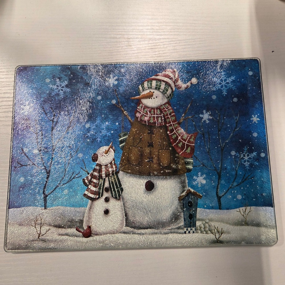 Christmas Snowman Cutting Board Glass Kitchen Decor Winter Holiday Art